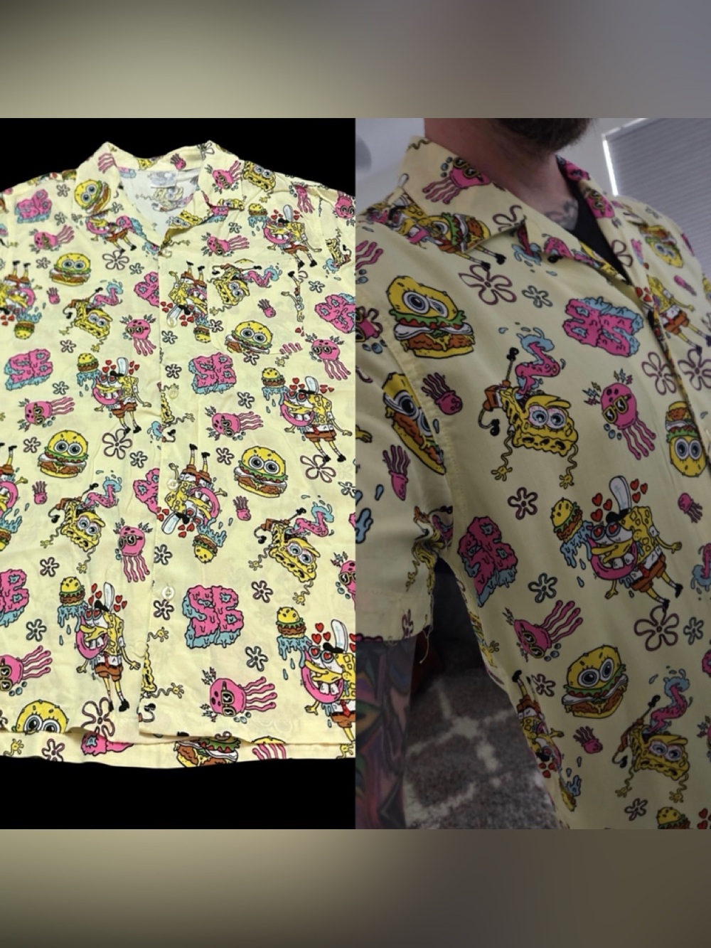 SpongeBob Squarepants Cream Shirt with Yellow & Pink Cartoon Print L